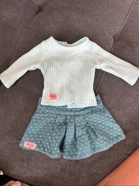 Mint Ribbed Doll Top and Teal Polka Dot Skirt Set - Kids Toys